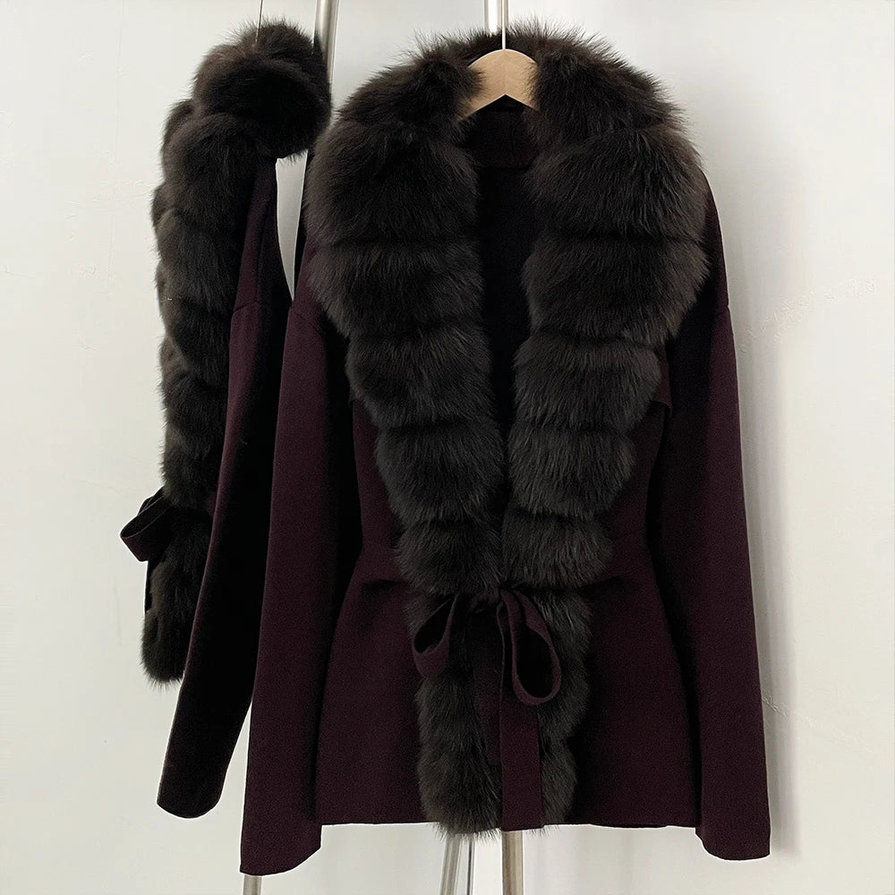 OFTBUY Luxury Warm Winter Fashion Outerwear New Women's Knit Cardigan with Oversized Real Fox Fur Trim Self-Tie Belt Sweater