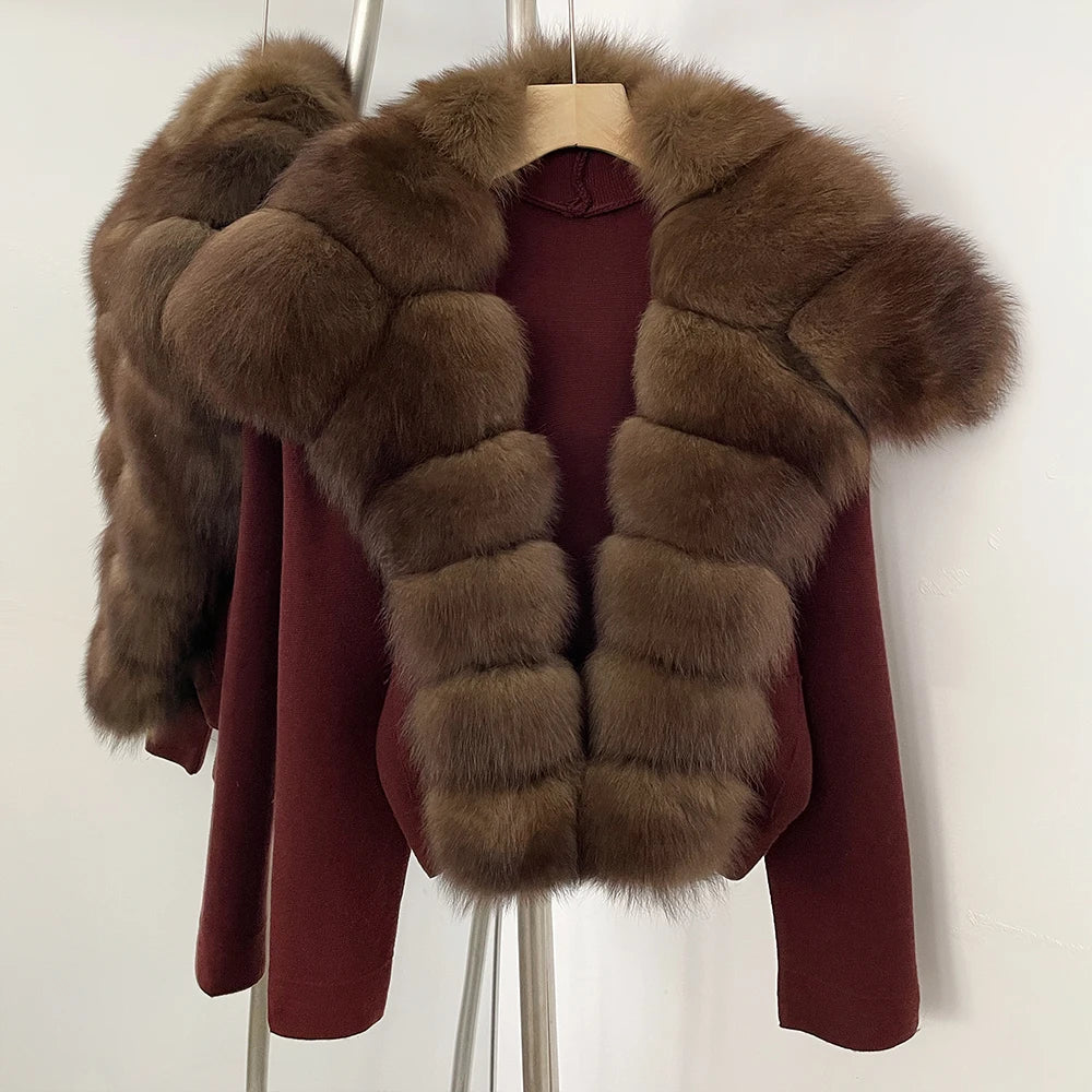 OFTBUY Women's Short Cardigan with Big Real Fox Fur Collar New Autumn Winter Knit Clothing Female Natural Fur Warm Sweater Lady