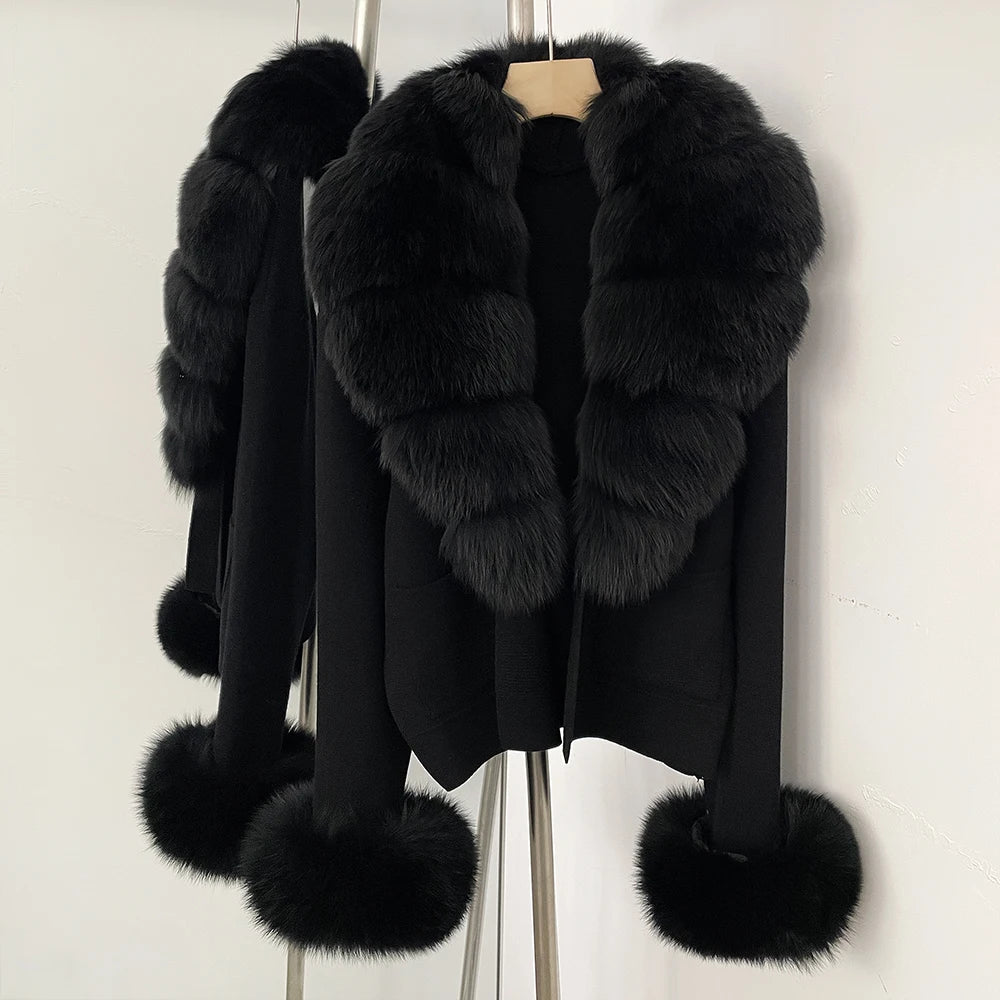 OFTBUY Loose Fit Warm Winter Fashion Lady Outerwear Sweater Female New Women's Knit Cardigan with Large Real Fox Fur Collar