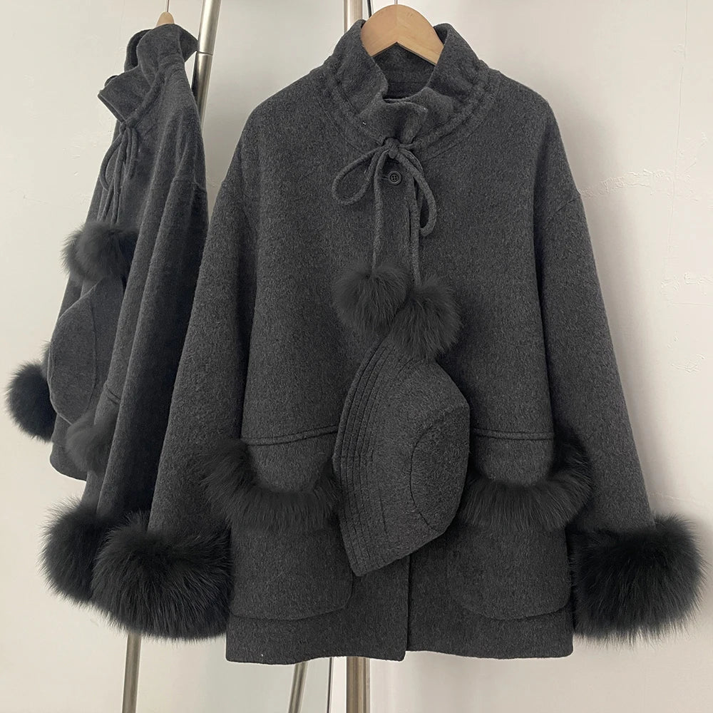 OFTBUY Loose Real Fox Fur 100% Wool Coat with Hat New Autumn Winter Top Clothes Women Natural Fur Cashmere Woolen Jacket Female