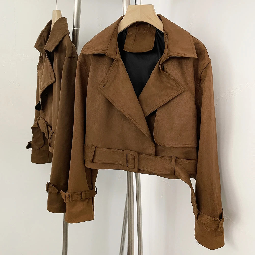 OFTBUY Lapel Collar Belted Waist Buckled Cuffs Casual Fashion Outerwear female New Women's Faux Suede Cropped Trench Jacket