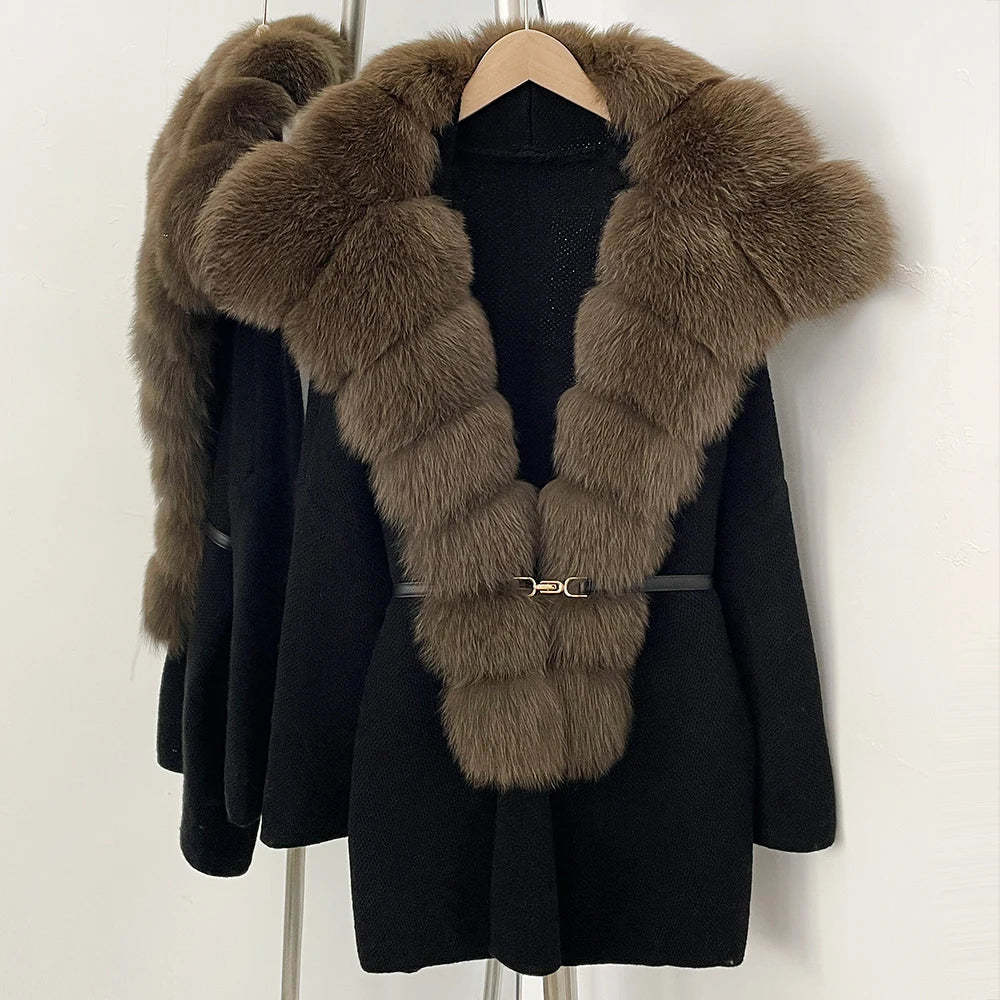 OFTBUY Fashion Belt Warm Sweater Female Natural Fur Loose Cadigan Coat Women Medium Length Knit Jacket with Real Fox Fur Collar
