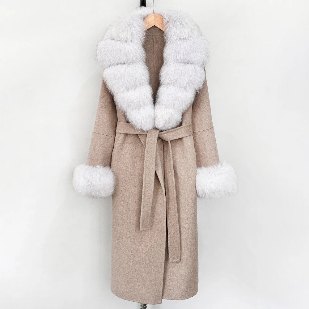 OFTBUY New Women's Double-Faced Wool Coat with Large Real Fox Fur Belted Warm Winter Luxury Fashion Outerwear Woolen Jacket Lady