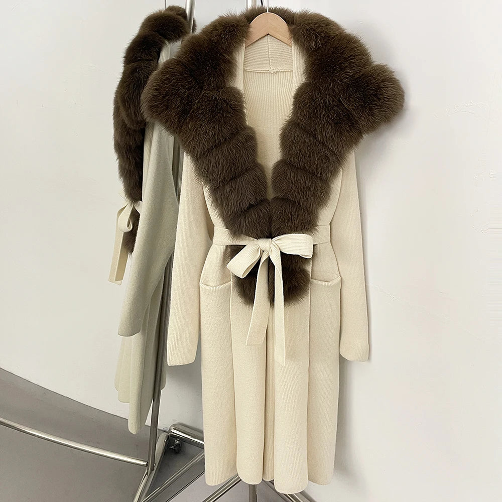 OFTBUY New Natural Fur Collar Long Knit Jacket Women Atrumn Winter Top Clothing Female Fashion Warm Belt Real Fox Fur Cardigan