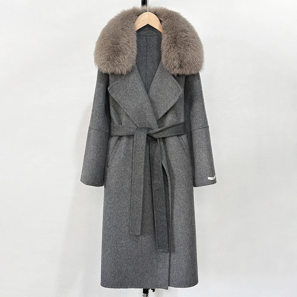 OFTBUY New Autumn Winter Long Clothing Women Fashion Warm Wool Coat with Real Fox Fur Collar Belt Elegant Woolen Jcacket Female
