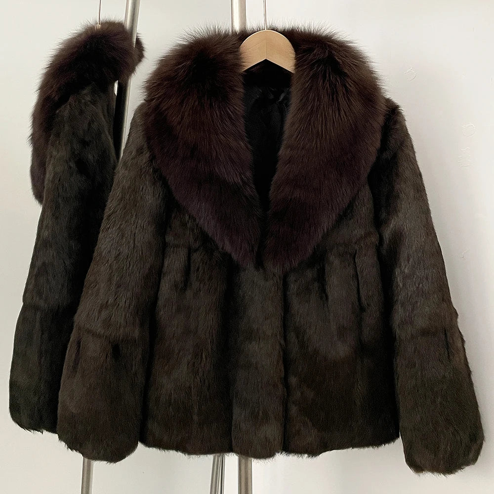 OFTBUY Natural Rabbit Fur Coat Female New Thickened Warm Top Clothing Women Fashion Fluffy Real Fox Fur Collar Jacket Lady