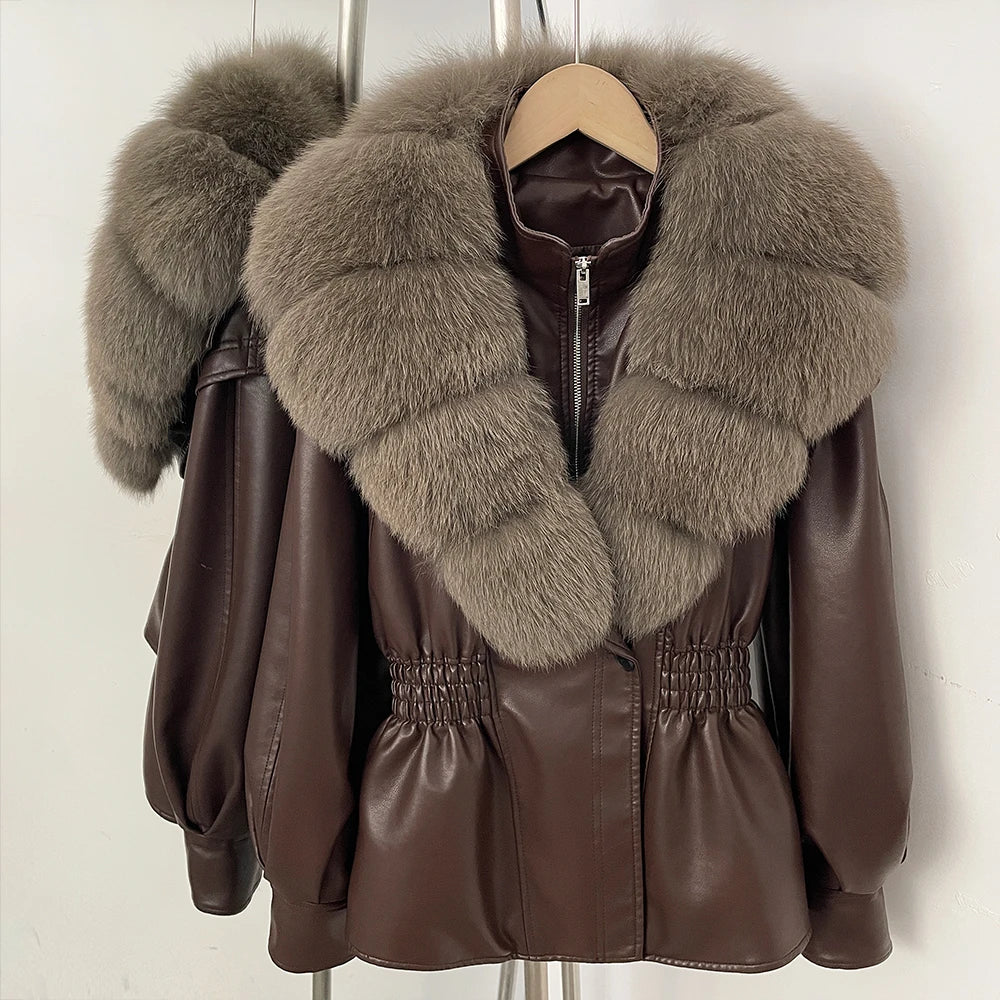 OFTBUY Women's Luxury Real Fox/Raccoon Fur Faux Leather Jacket Elastic Waist New Winter Coat Elegant PU Leather Outerwear Female