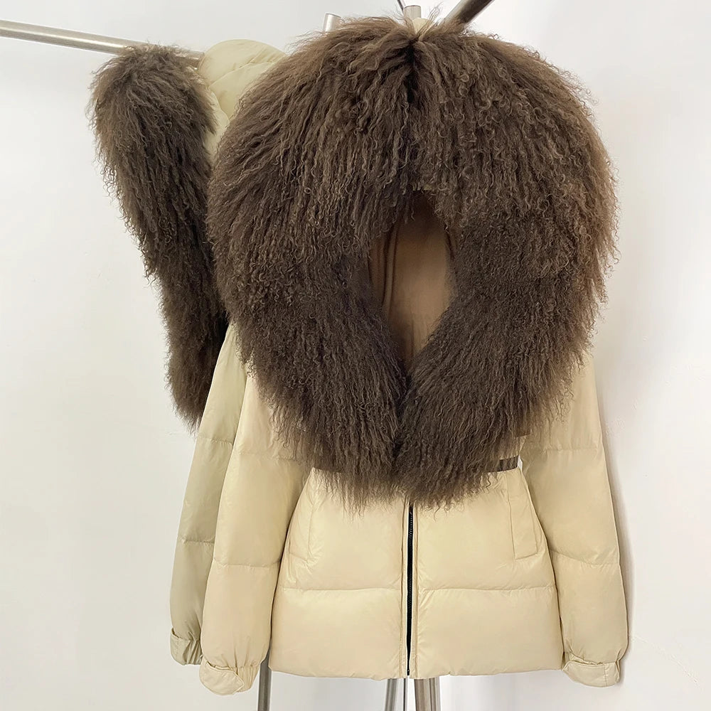 OFTBUY New Belted Luxury Warm Winter Women's Puffer Jacket with Real Mongolia Sheep Fur Collar Outerwear Duck Dowm Coat Female