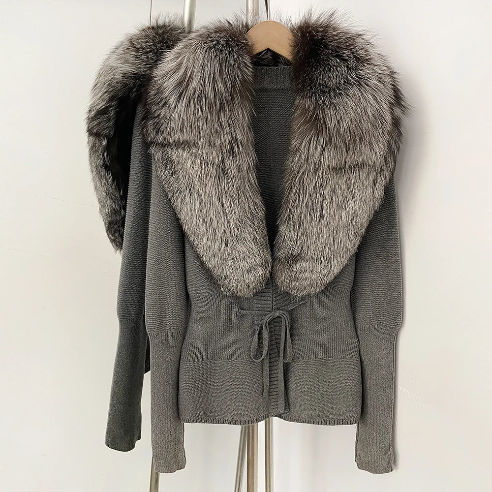 OFTBUY Luxury 100% Cotton Jacket with Real Fox Fur Collar New Autumn Winter Knit Cardigan Women Slim Warm Sweater Outerwear Lady