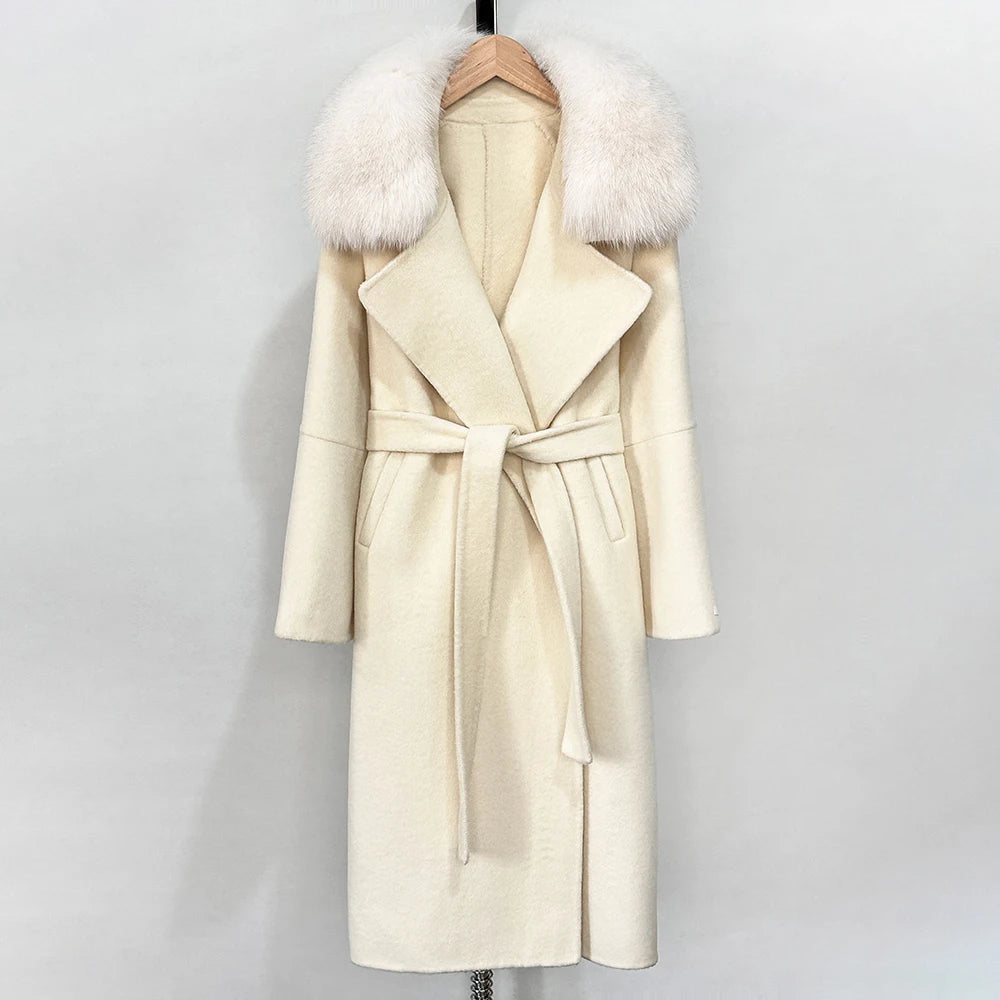 OFTBUY New Autumn Winter Long Clothing Women Fashion Warm Wool Coat with Real Fox Fur Collar Belt Elegant Woolen Jcacket Female