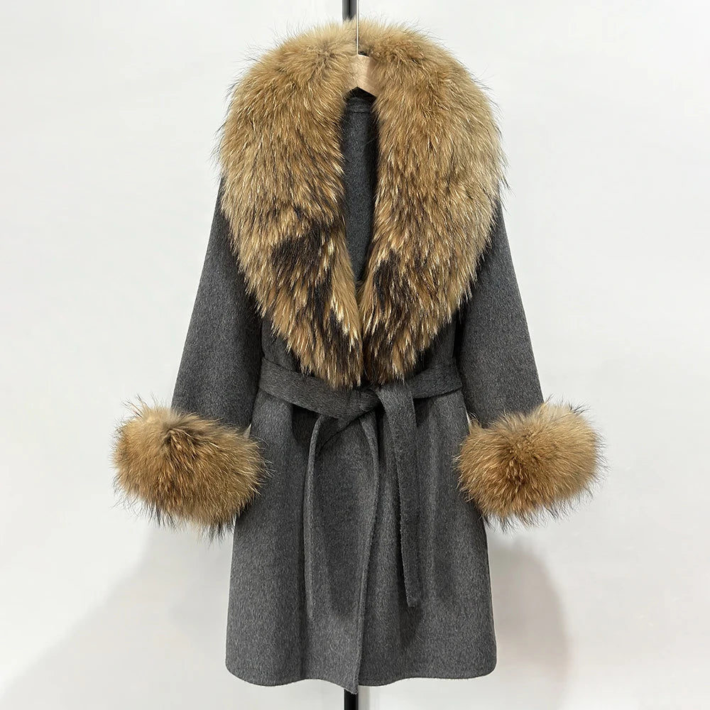 OFTBUY New Autumn Winter Top Clothes Women Belt Natural Fur Wool Coat Female Fashion Warm Woolen Jacket with Real Fox Fur Collar