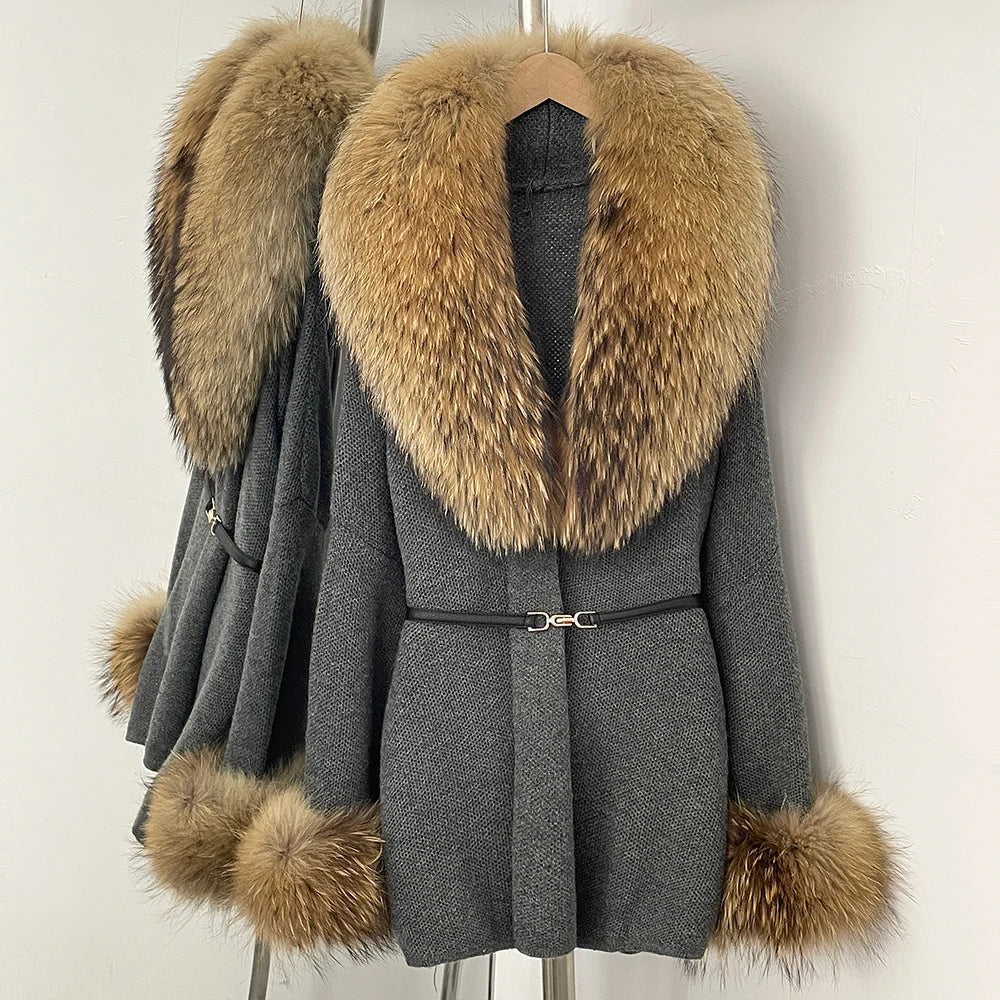 OFTBUY Belt Knit Warm Winter Luxury Casual Fashion Outerwear Sweater Female New Women's Knit Coat with Large Real Fox Fur Collar