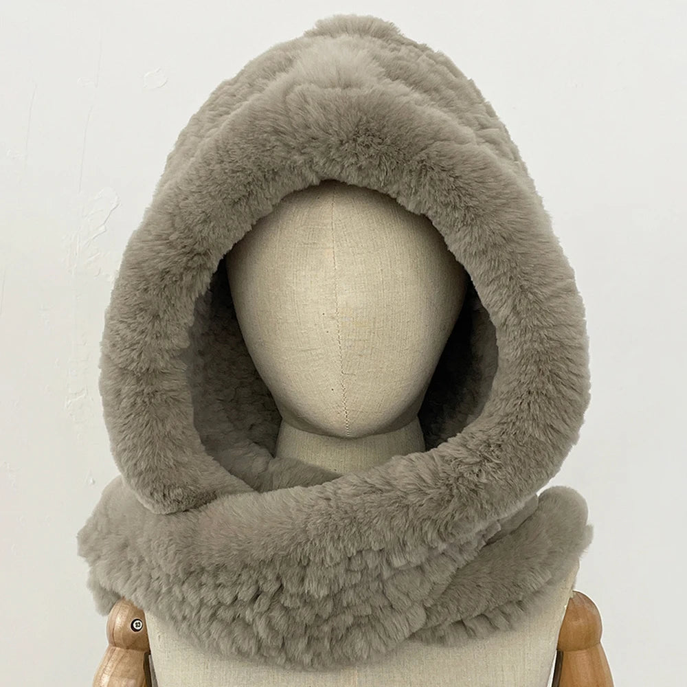 OFTBUY Thick Warm Windproof Natural Rabbit Fur Hat with Scarf Women New Winter Cute Cycling Cap Child Fluffy Rea Fur Neckerchief