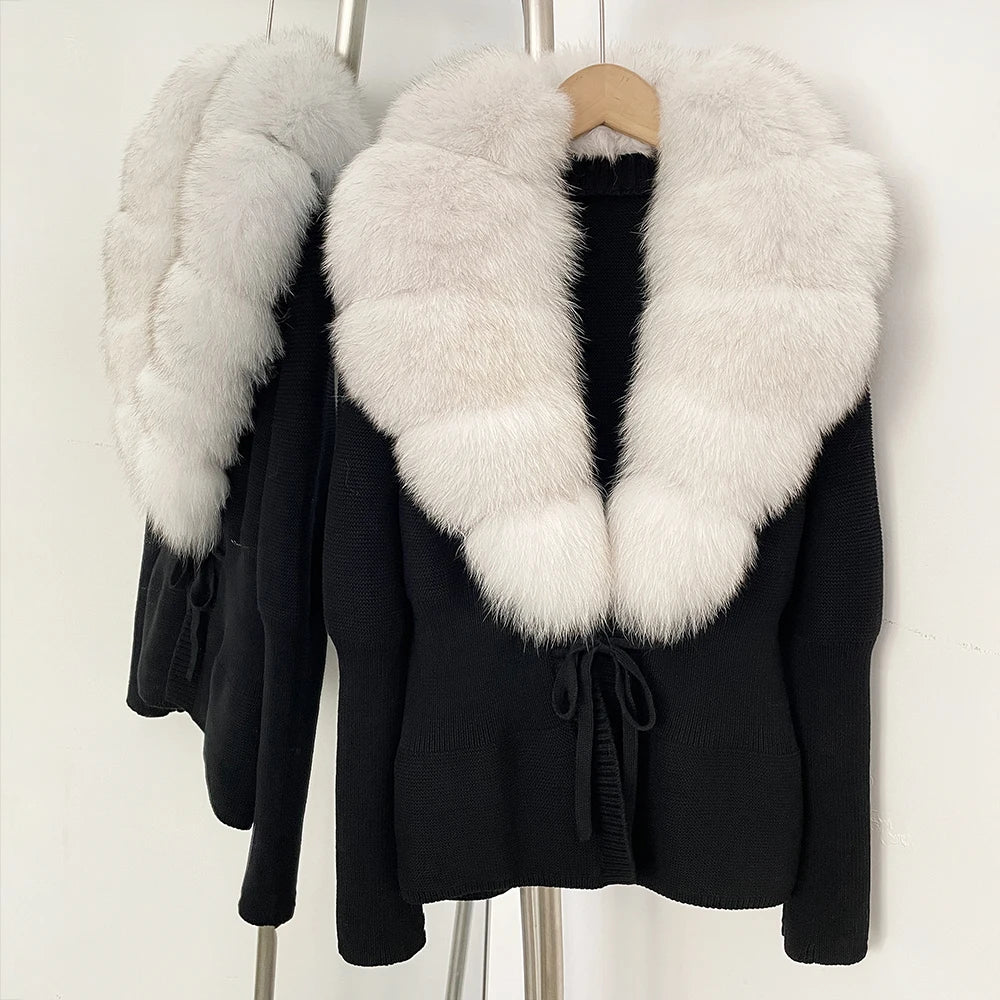 OFTBUY Luxury 100% Cotton Jacket with Real Fox Fur Collar New Autumn Winter Knit Cardigan Women Slim Warm Sweater Outerwear Lady