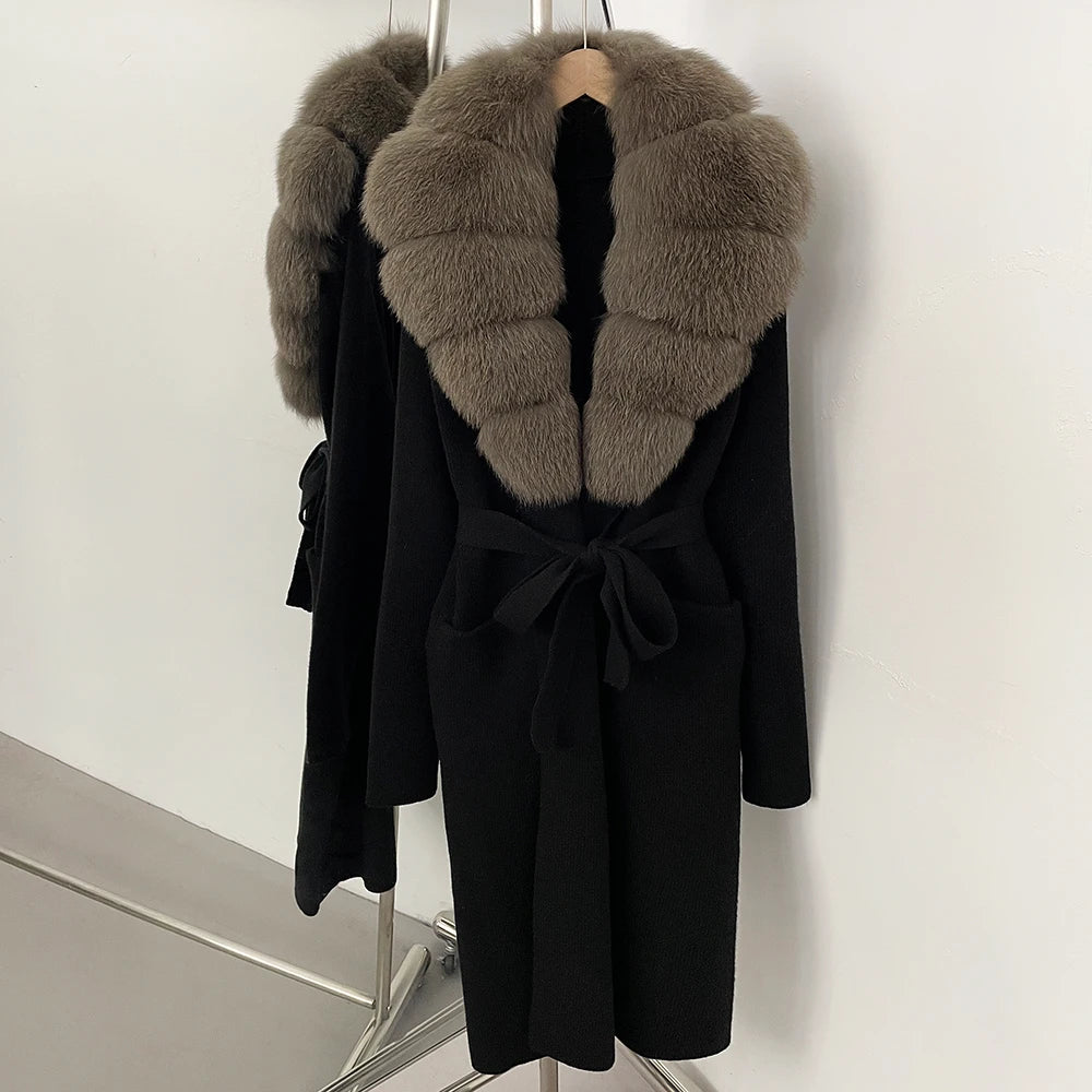 OFTBUY Women's Luxury Brown Knit Cardigan with Real Fox Fur Collar Belted Sweater Coat Female New Fashion Warm Winter Outerwear