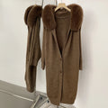 OFTBUY Hooded Long Knitted Cardigan Women Fashion New Spring Autumn Clothes Female Thick Warm Real Fox Fur Knitting Jacket Lady