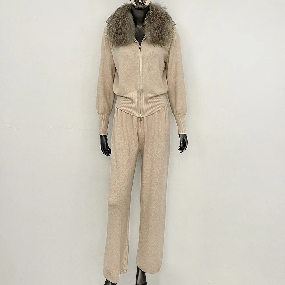 OFTBUY Winter New Women's Knitted Tracksuit Set with Fox Fur Collar Zipper Jacket Wide Leg Pants Luxury Casual Two-Piece Outfit