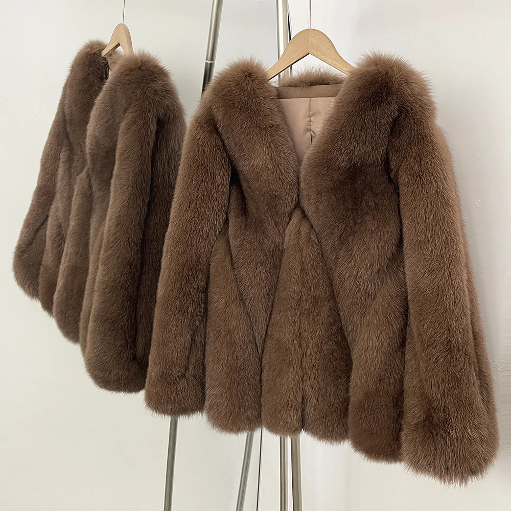 OFTBUY New Women's Real Fox Fur Coat V-Neck Textured Design Warm Winter Elegant Luxury Fashion Outerwear Natural Fur Jacket Lady