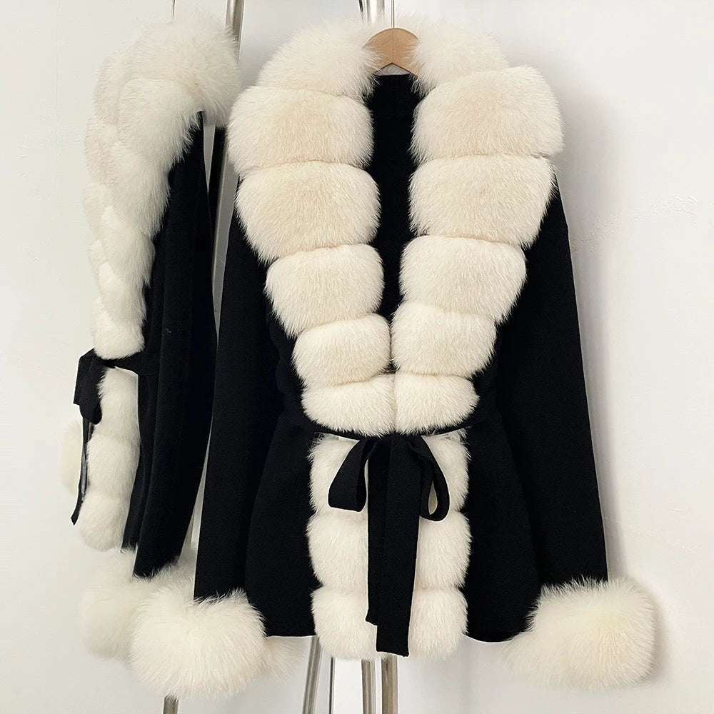 OFTBUY New Spring Autumn Clothing Women Fashion Real Fox Fur Kint Cardigan Female Belt Luxury Loose Fur Cuffs Sweater Jacket