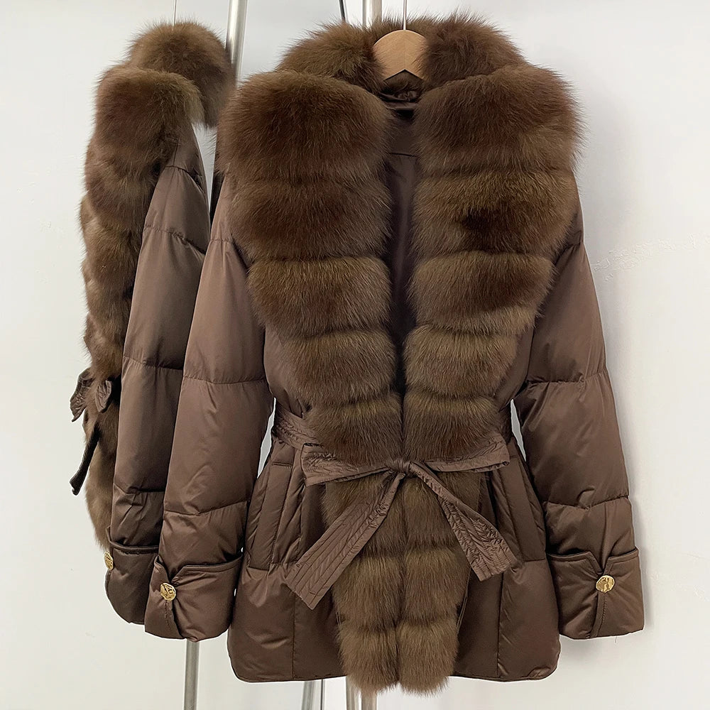OFTBUY Luxury Women's Down Jacket women Warm Winter Parka Outerwear Duck Down Real Fox Fur Collar Belted Puffer Coat female