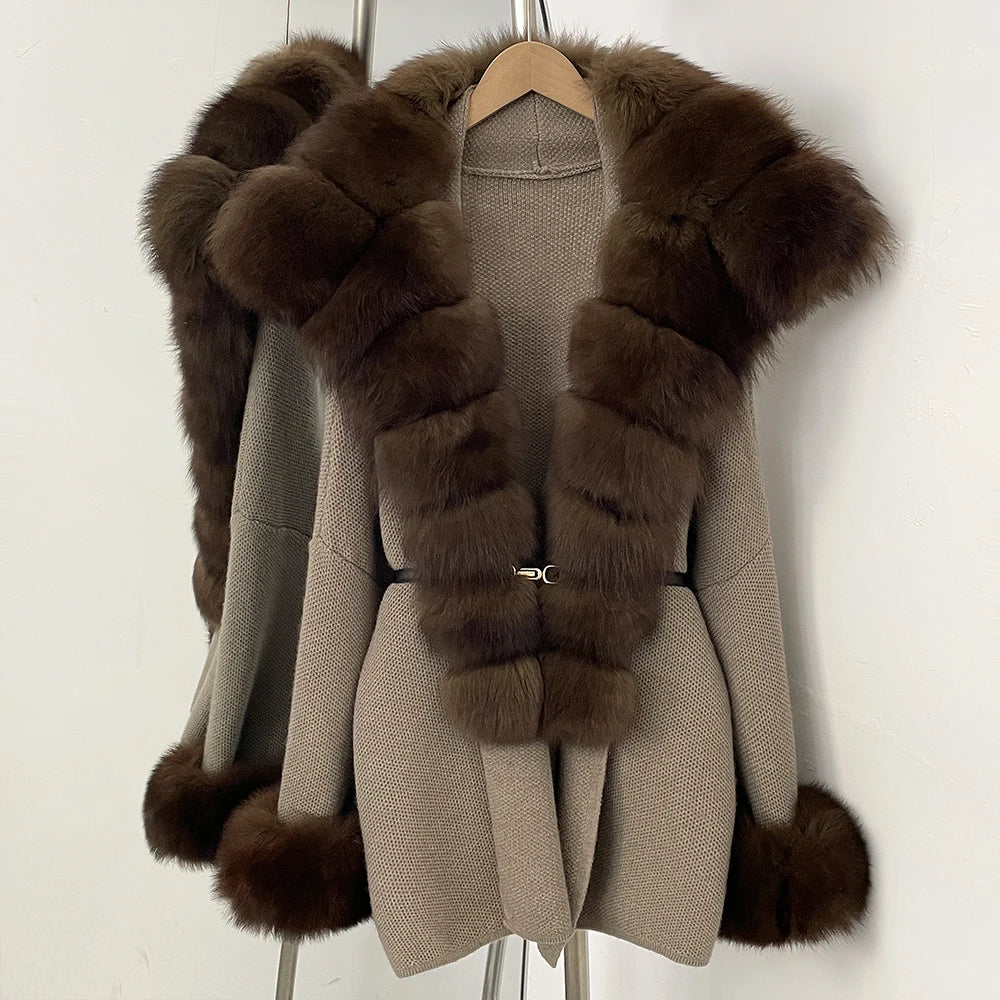 OFTBUY Belt Loose Fit Warm Winter Fashion Outerwear Natural Fur Sweater Female New Women's Knit Coat with Large Real Fox Fur