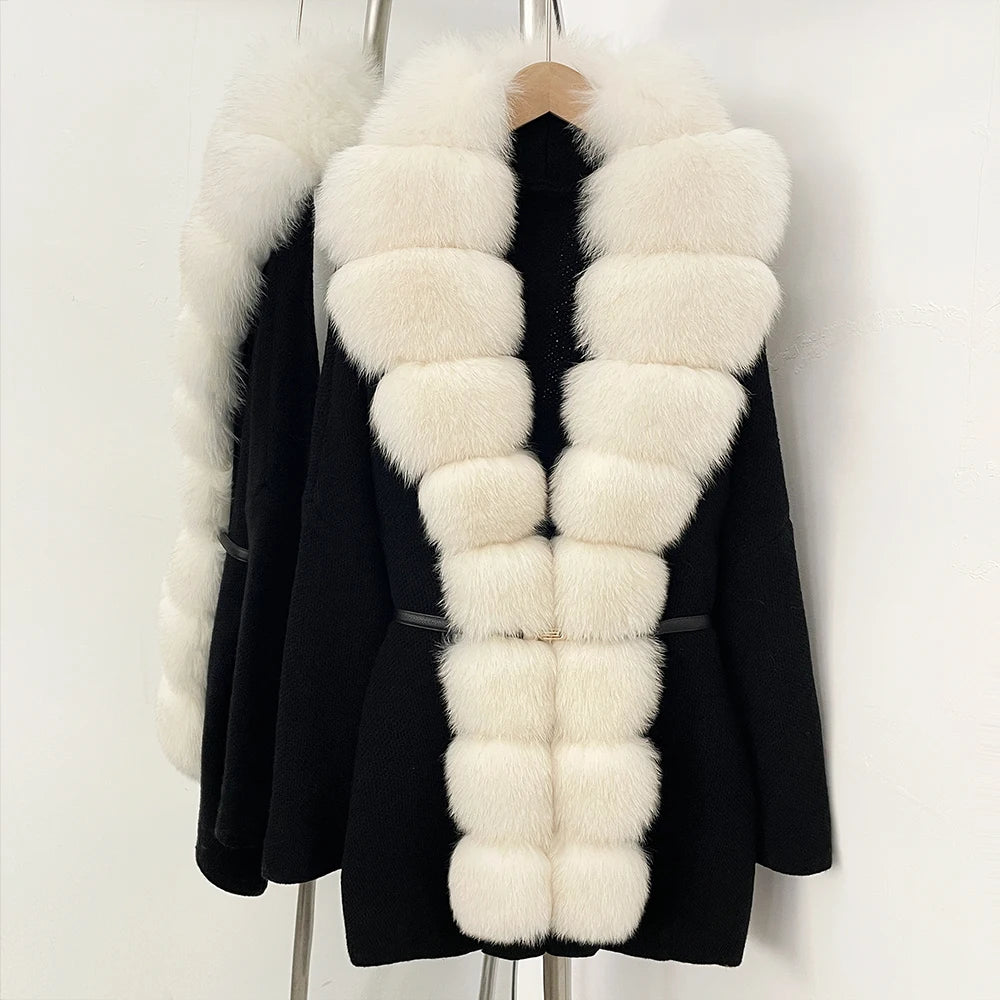 OFTBUY Metal Belt Knit Warm Winter Luxury Fashion Outerwear Sweater Cardigan New Women's Knit Coat with Full Real Fox Fur Front