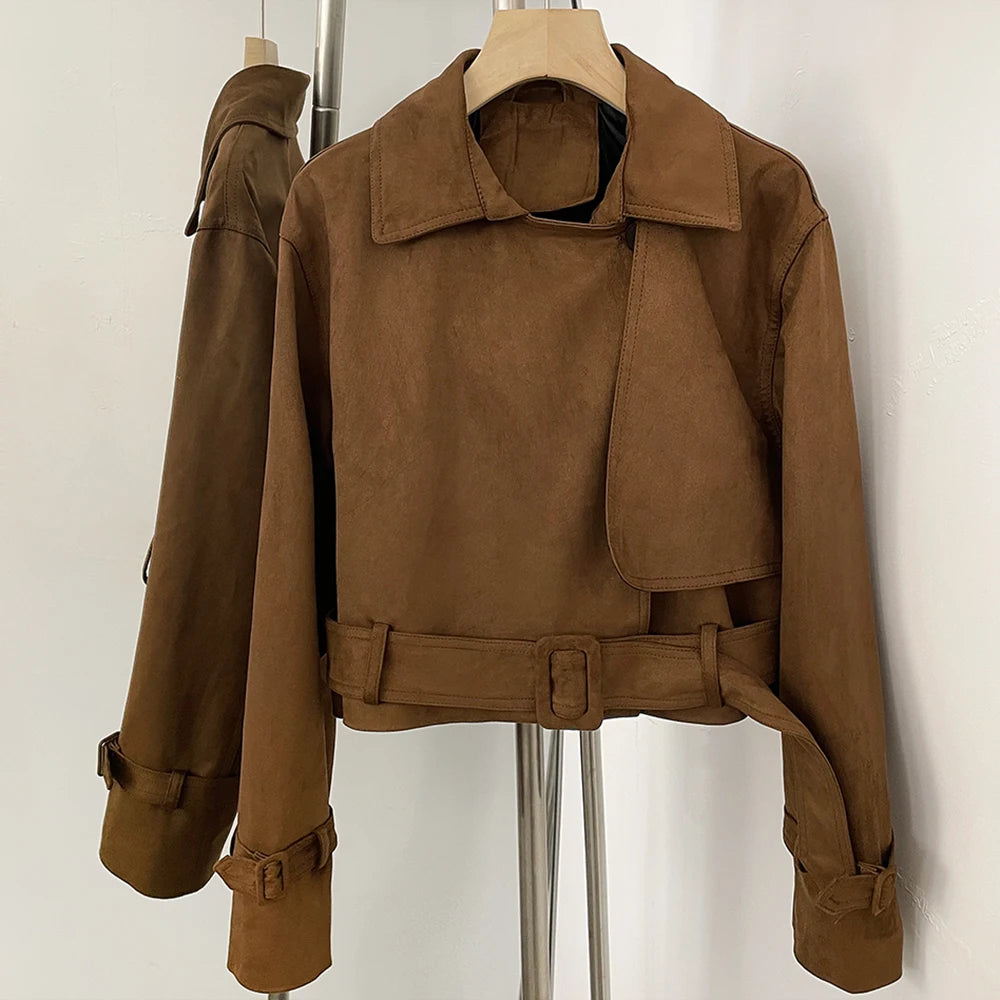 OFTBUY Lapel Collar Belted Waist Buckled Cuffs Casual Fashion Outerwear female New Women's Faux Suede Cropped Trench Jacket