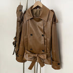OFTBUY Women's Vintage Brown Faux Leather Trench Coat Double Breasted PU Jacket with Waist Belt Elegant Office Outerwear Female