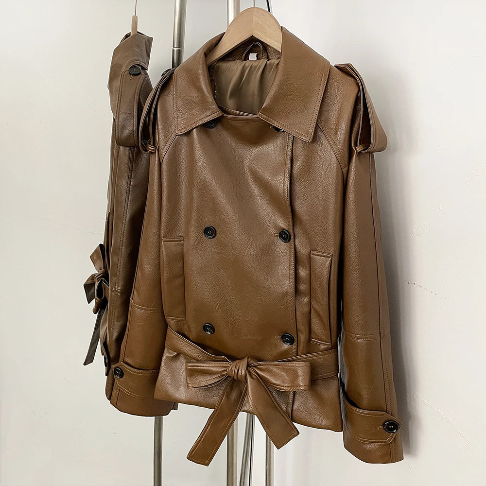 OFTBUY Women's Vintage Brown Faux Leather Trench Coat Double Breasted PU Jacket with Waist Belt Elegant Office Outerwear Female