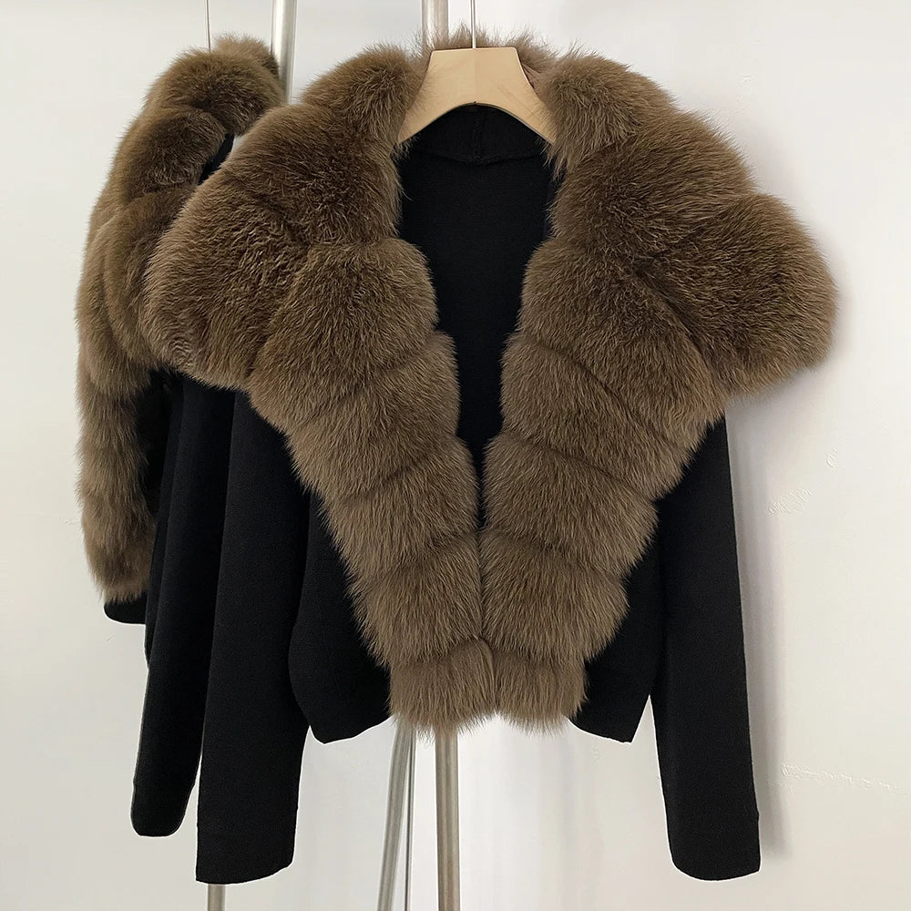 OFTBUY Women's Short Cardigan with Big Real Fox Fur Collar New Autumn Winter Knit Clothing Female Natural Fur Warm Sweater Lady
