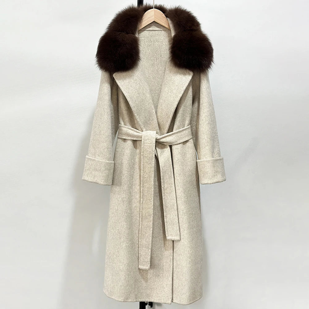 OFTBUY Belted Warm Winter Elegant Fashion Outerwear Female New Women's Double-Faced Wool Coat with Large Real Fox Fur Collar