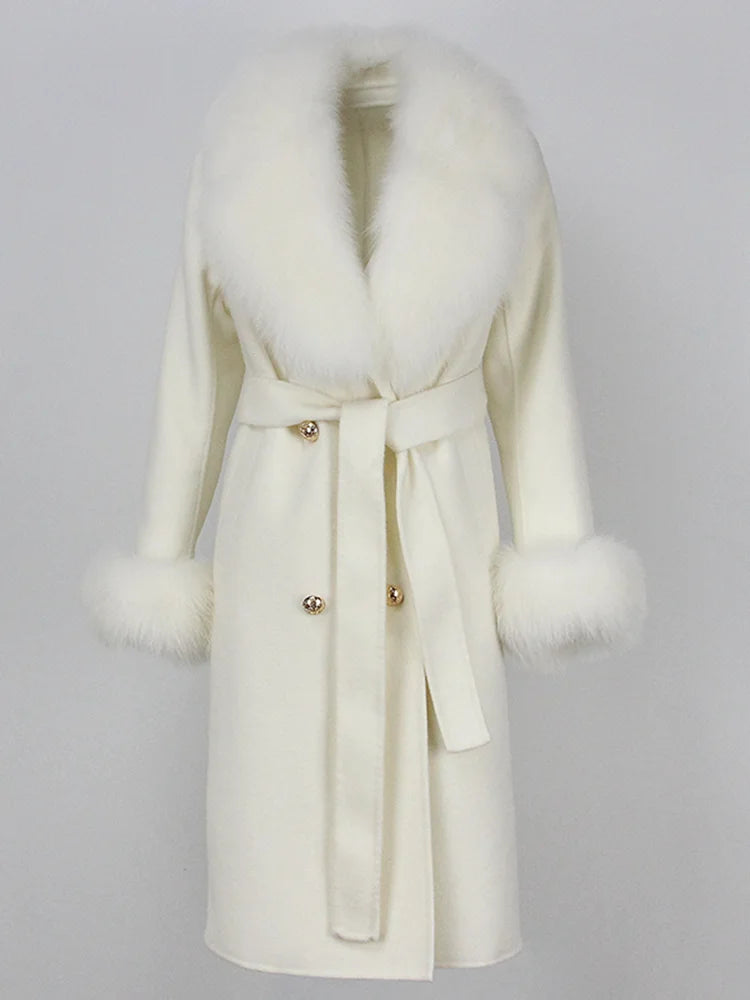 OFTBUY Winter Jacket Women Long Natural Wool Blends Cashmere Real Fur Coat Double Breasted Belt Warm Streetwear New Fashion