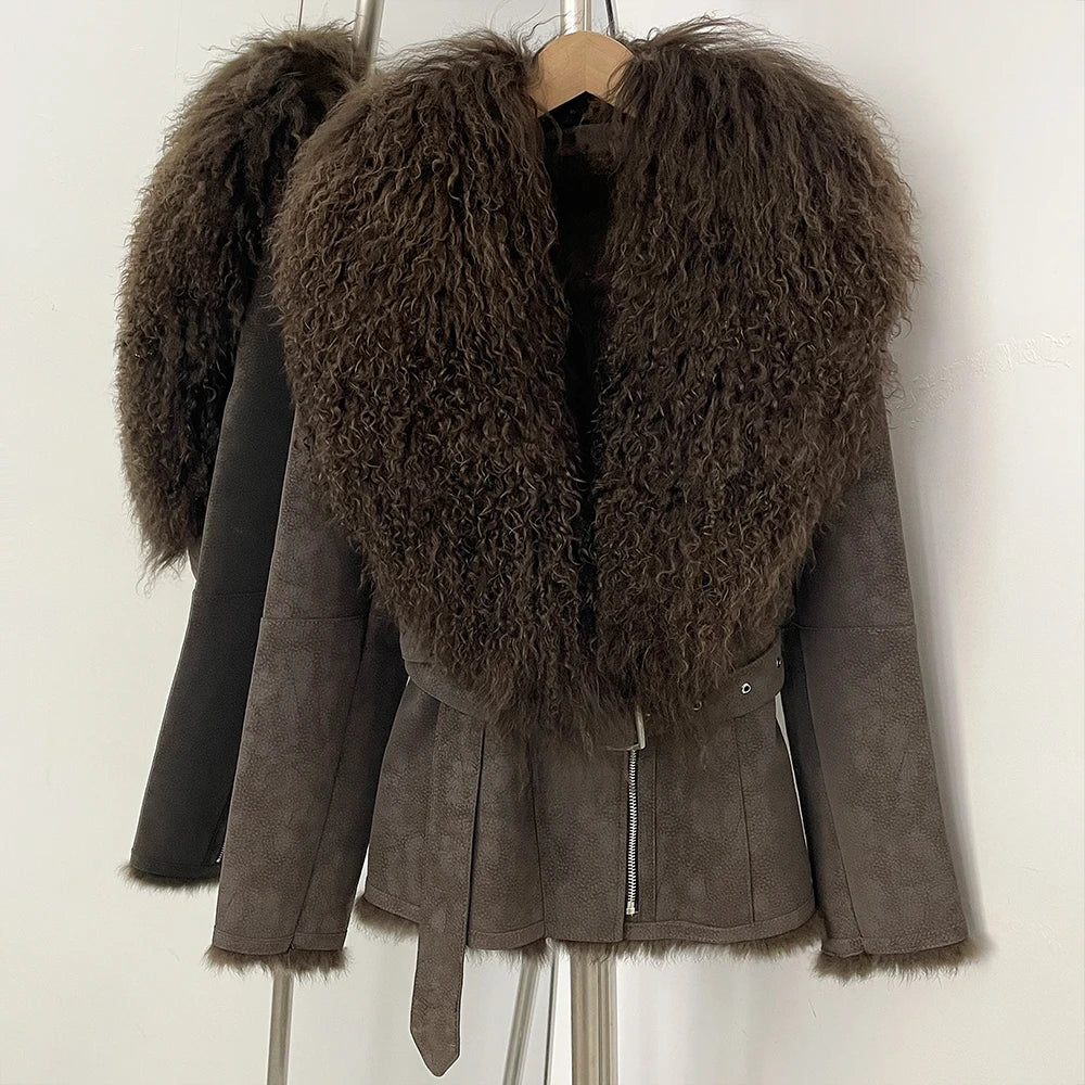 OFTBUY Real Rabbit Fur Lining Belted Winter Luxury Outerwear New Women's Faux Suede Jacket with Real Mongolian Sheep Fur Collar