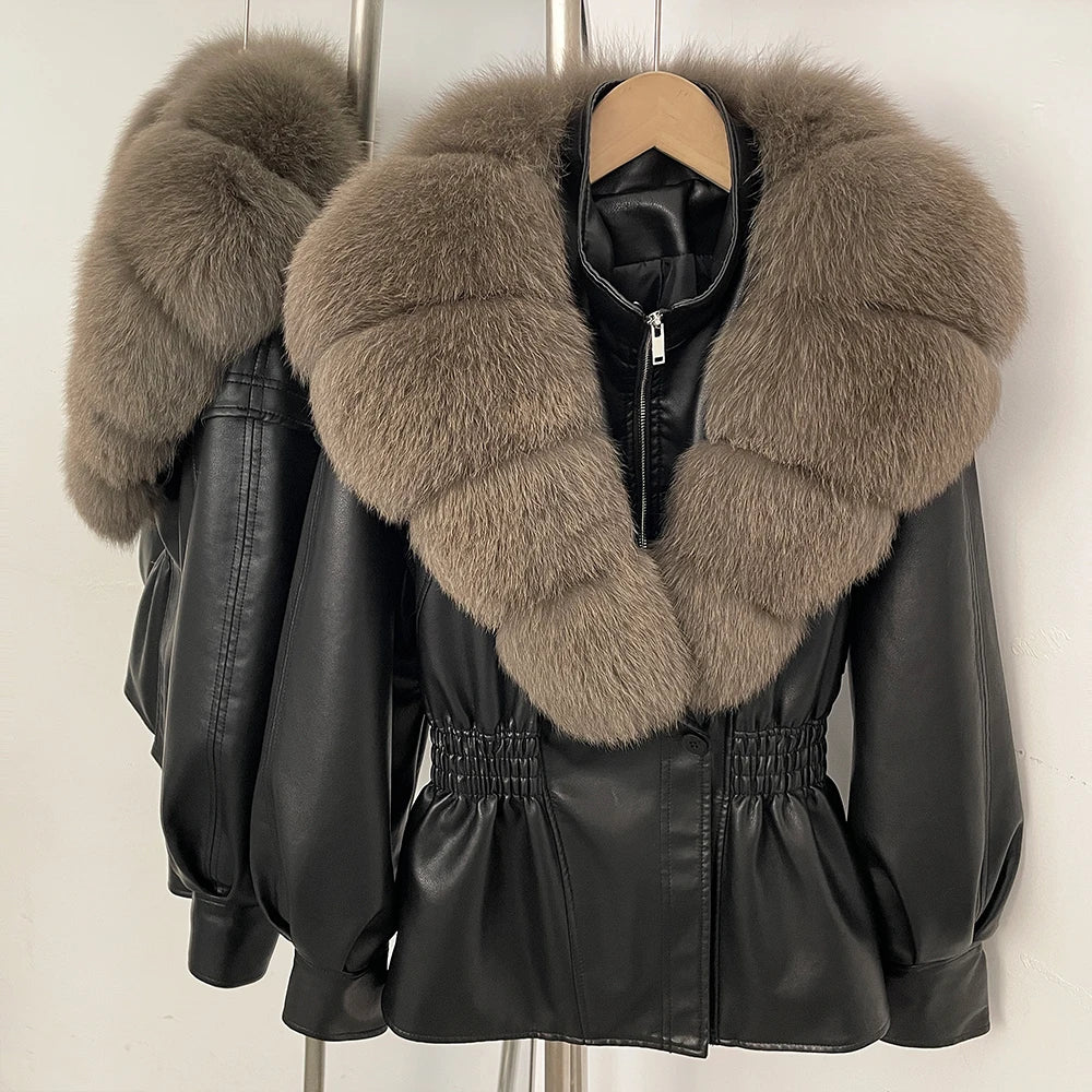 OFTBUY Women's Luxury Real Fox/Raccoon Fur Faux Leather Jacket Elastic Waist New Winter Coat Elegant PU Leather Outerwear Female