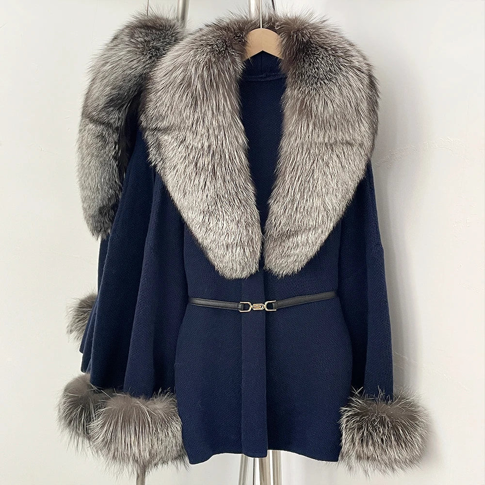 OFTBUY Belt Knit Warm Winter Luxury Casual Fashion Outerwear Sweater Female New Women's Knit Coat with Large Real Fox Fur Collar