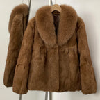 OFTBUY Natural Rabbit Fur Coat Female New Thickened Warm Top Clothing Women Fashion Fluffy Real Fox Fur Collar Jacket Lady