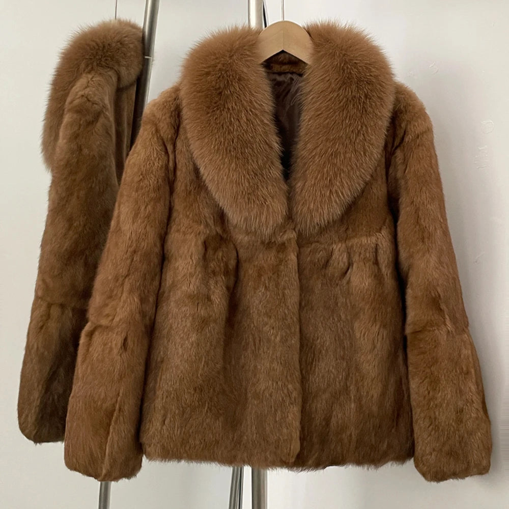 OFTBUY Natural Rabbit Fur Coat Female New Thickened Warm Top Clothing Women Fashion Fluffy Real Fox Fur Collar Jacket Lady