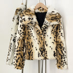 OFTBUY Luxury Leopard Print Real Rabbit Fur Cropped Jacket - Wide Notched Lapel Genuine Rabbit Fur Short Winter Coat