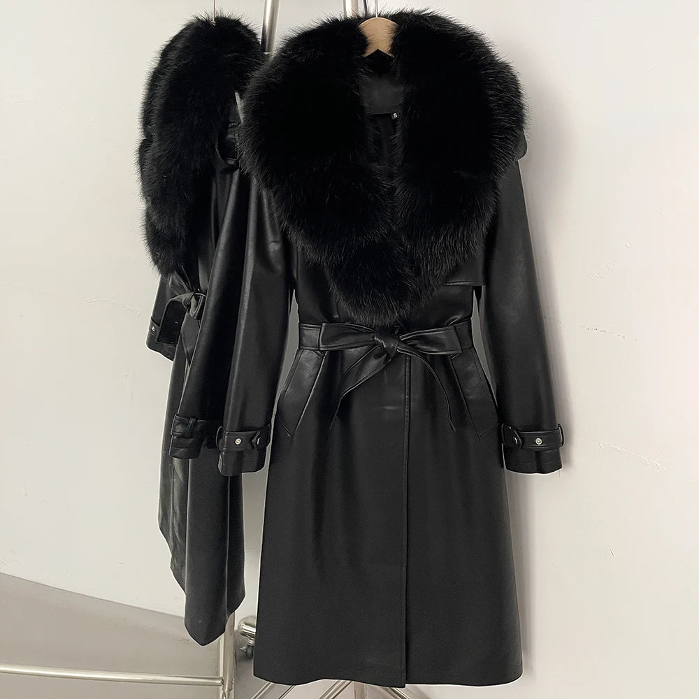 OFTBUY Long Faux Leather Jacket with Faux Fur Collar New Autumn Winter Clothes Women Fashion Belt Pocket Coat Female Streetwear