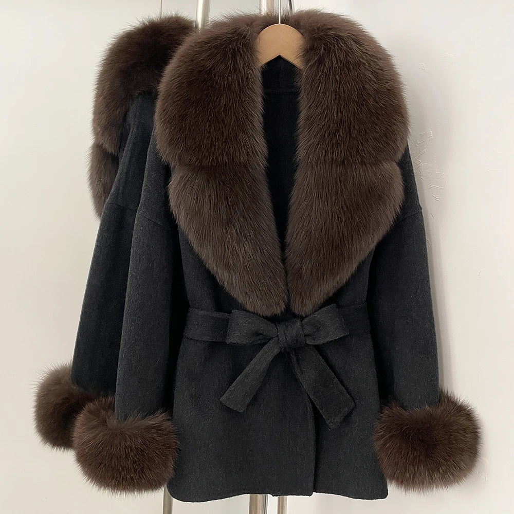 OFTBUY New Women's Double-Faced Wool Coat with Large Real Fox Fur Collar Cuffs Belted Warm Winter Elegant Fashion Outerwear Lady