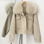 OFTBUY Short 100% Wool Coat Fahsion New Autumn Winter Real Fox Fur Top Clothes Women Natural Fur Cashmere Woolen Jacket Female