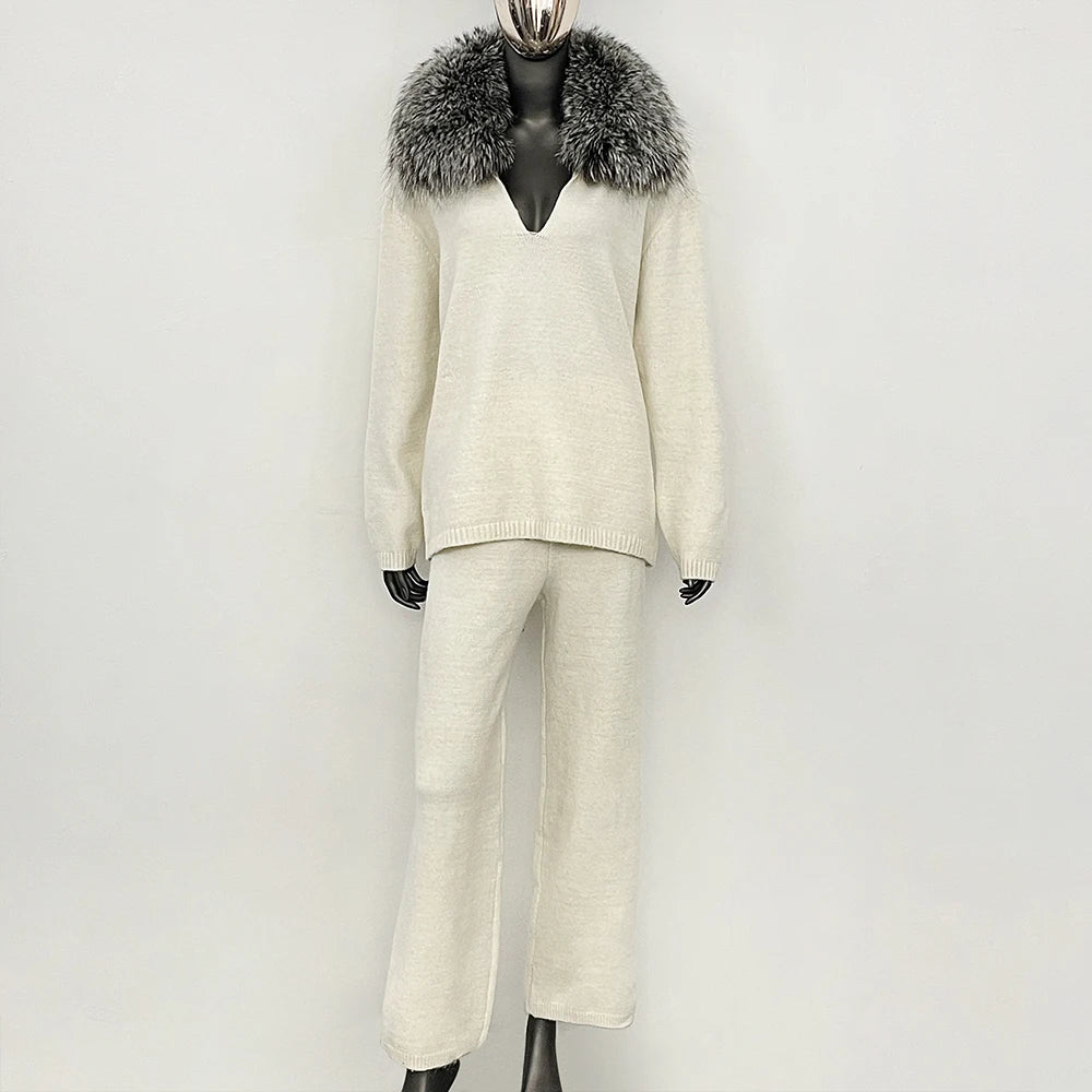 OFTBUY New Women's Knit Two Piece Set with Real Fox Fur Collar Loose Pants Warm Winter Elegant Casual Outfit Sweater Female