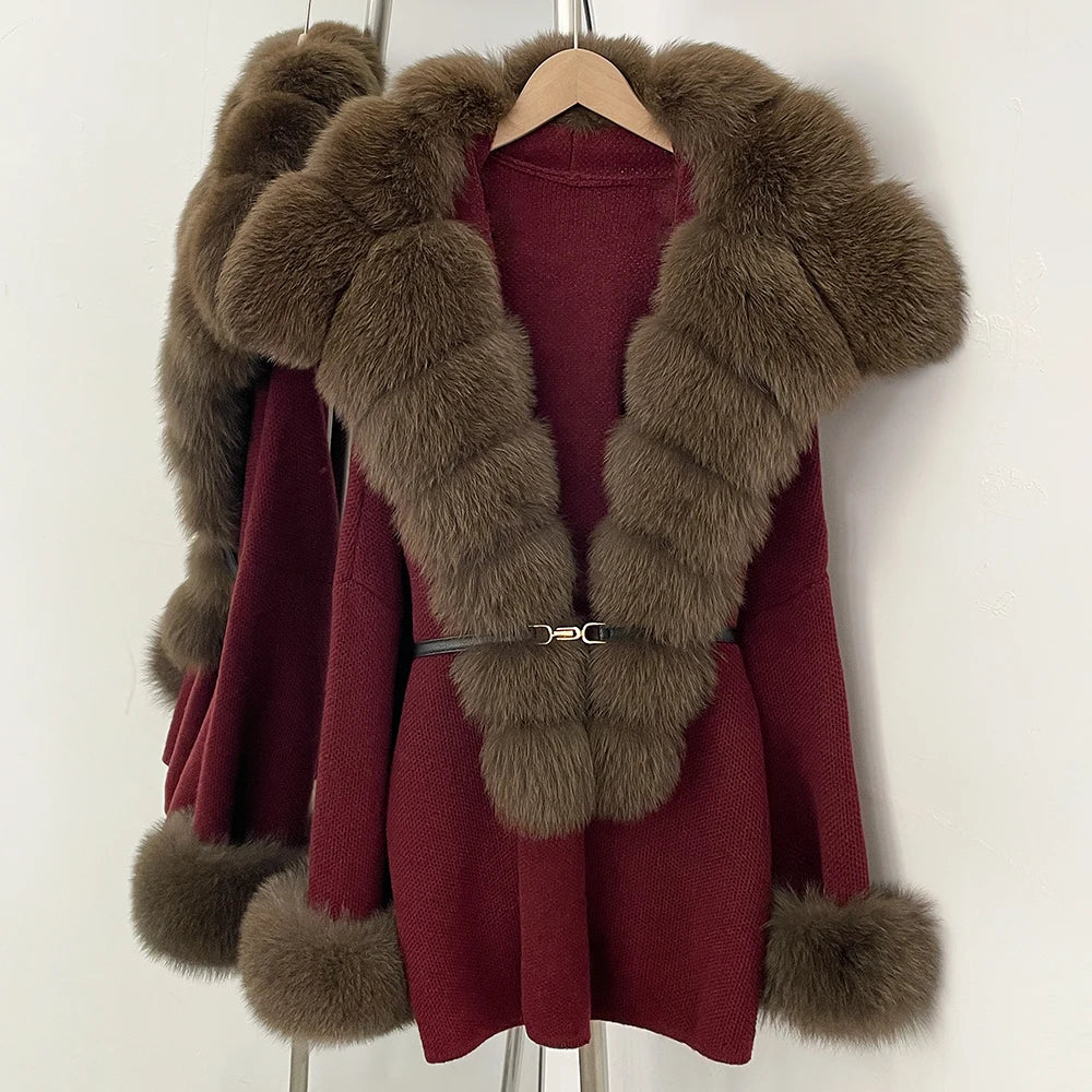 OFTBUY Belt Loose Fit Warm Winter Fashion Outerwear Natural Fur Sweater Female New Women's Knit Coat with Large Real Fox Fur