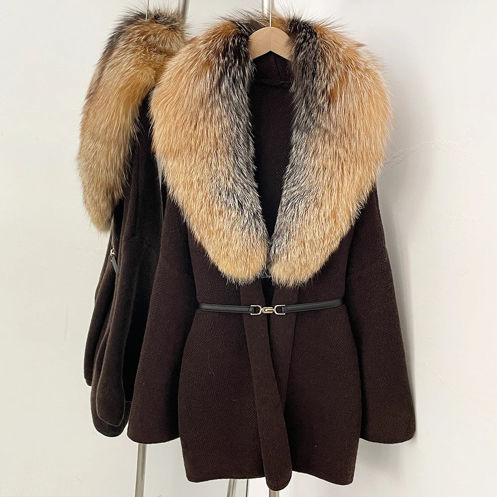 OFTBUY New Autumn Winter Luxury Fashion Outerwear Lady Women's Knit Coat with Large Real Fox Fur Collar Belt Textured Knit Warm