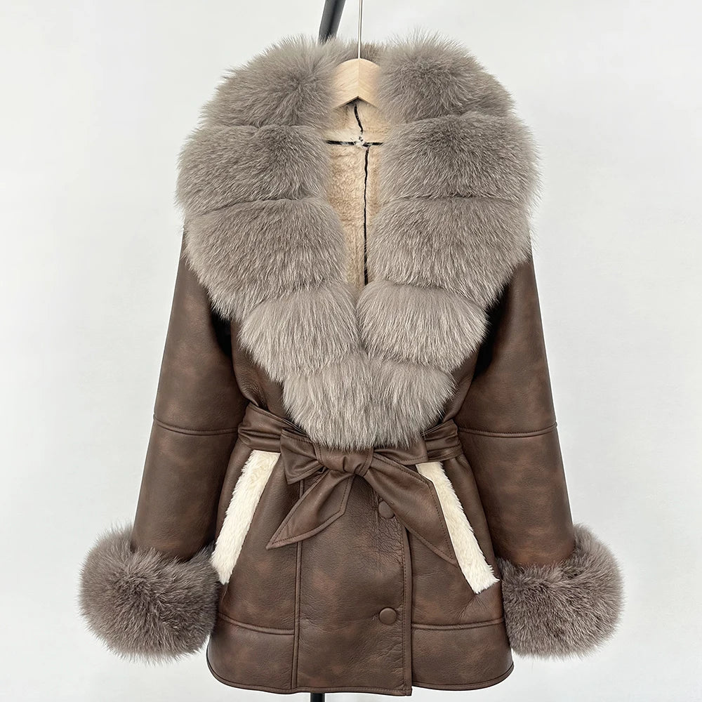 OFTBUY Large Natural Fox Fur Women Faux Leather Jacket Autumn Winter Fashion Ladies Warm Retor Faux Lamb Fur Coat Outwear