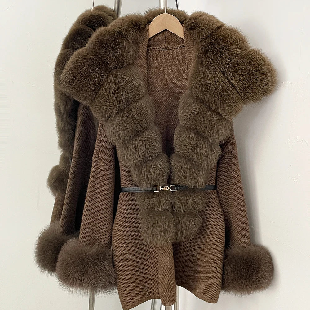 OFTBUY Belt Loose Fit Warm Winter Fashion Outerwear Natural Fur Sweater Female New Women's Knit Coat with Large Real Fox Fur
