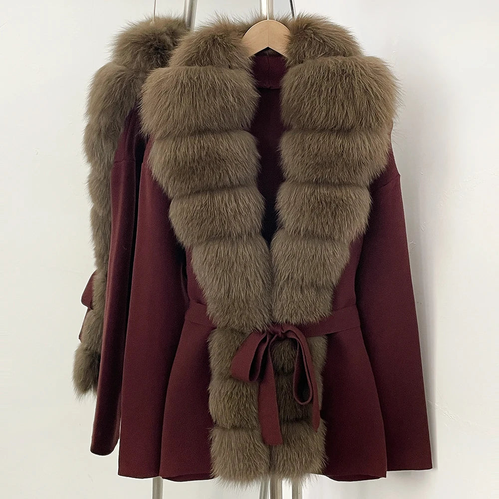 OFTBUY Luxury Warm Winter Fashion Outerwear New Women's Knit Cardigan with Oversized Real Fox Fur Trim Self-Tie Belt Sweater