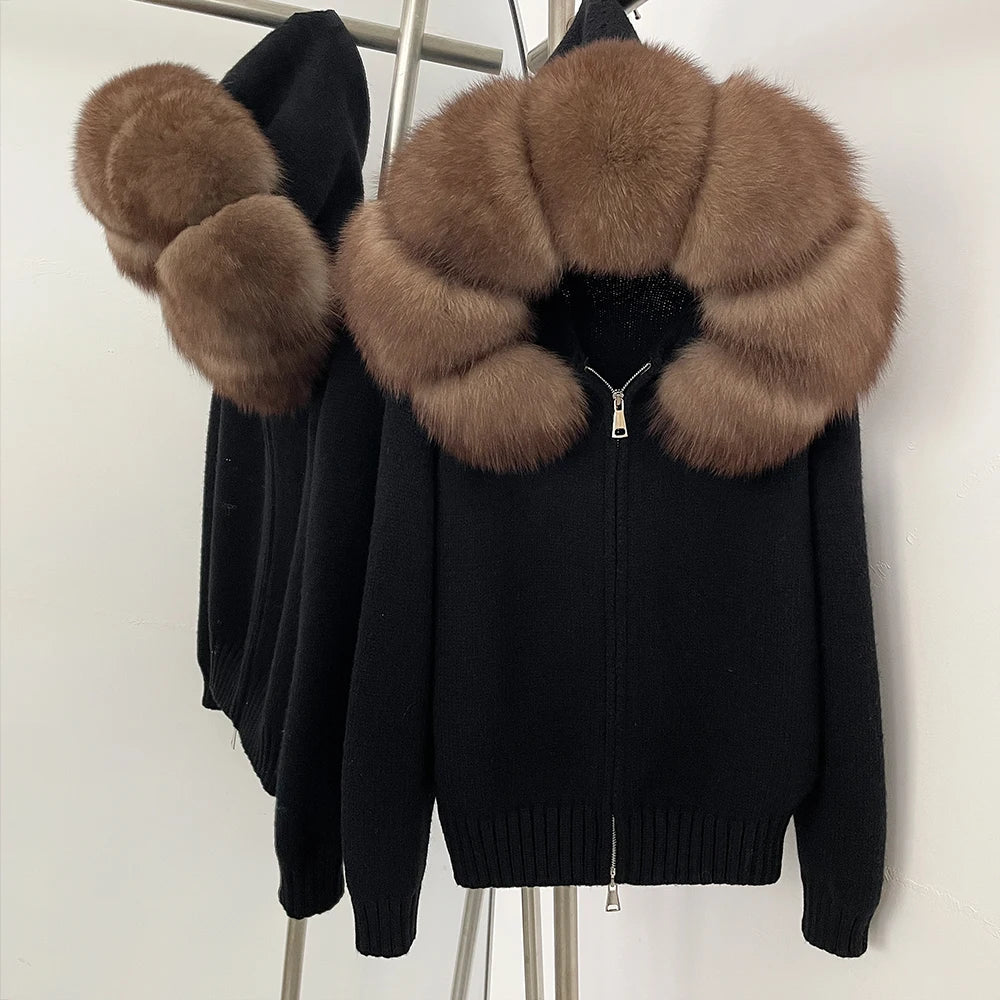 OFTBUY Luxury Knitted Zip-Up Hoodie with Oversized Real Fox Fur Hood - Premium Apres-Ski Luxe Loungewear