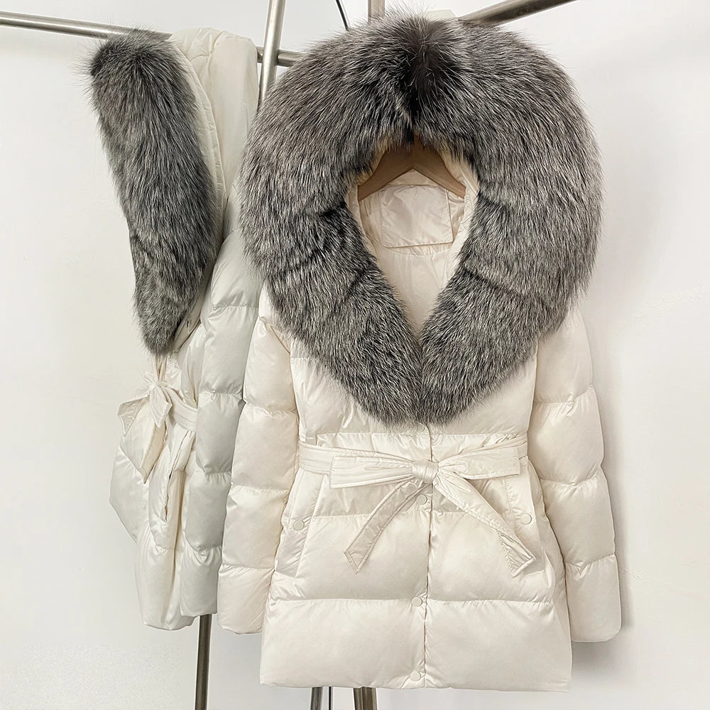 OFTBUY New Women's Duck Down Jacket with Large Real Fox Fur Hood Belted Waist Warm Winter Puffer Coat Lady Luxury Outerwear