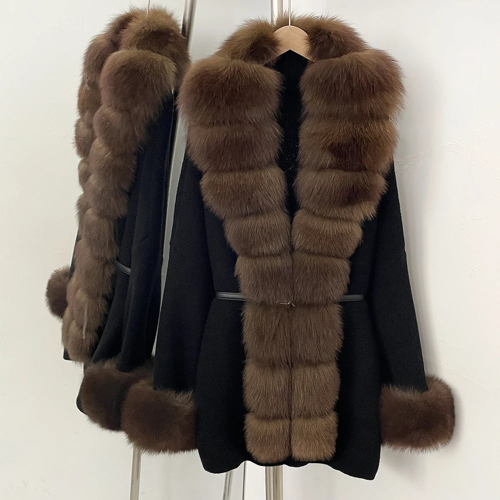 OFTBUY Belt Textured Knit Warm Winter Luxury Outerwear Female Sweater Cardigan New Women's Knit Coat with Large Real Fox Fur